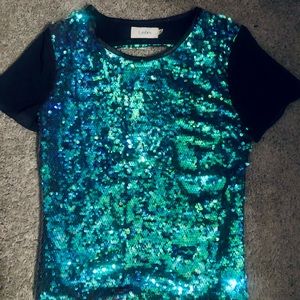 ASOS Beautiful Real Blue Green Sequin top. Back & around is Mesh Sz Small Exc C!